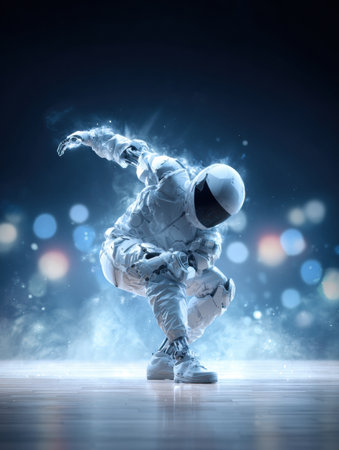 A skilled dancer in a futuristic suit showcases an impressive dance move in a vibrant, light-filled environment.の素材