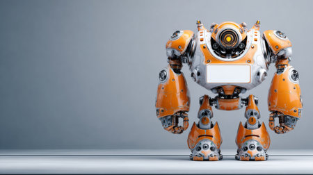 A robotic figure with orange accents and metallic features stands, showing its intricate design.の素材