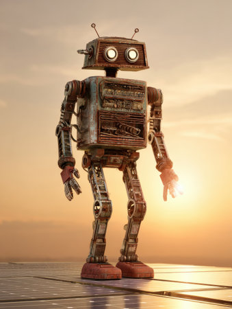 A vintage robot on solar panels at sunset, bathed in warm light that highlights its metallic features.の素材
