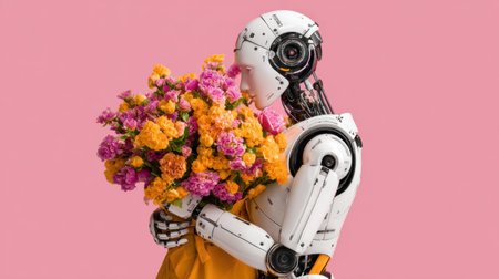 A robot holds a vibrant bouquet of flowers against a pink backdrop, blending artificial and natural beauty.の素材