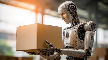 A humanoid robot is focused on holding a cardboard box in a spacious warehouse with soft lighting in the background.の素材