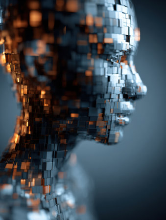 A digital sculpture shows a shiny, reflective figure in warm tones against a dark backdrop.の素材