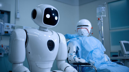 Robotic technology enhances healthcare, showing progress in patient support and medical assistance in hospitals.の素材