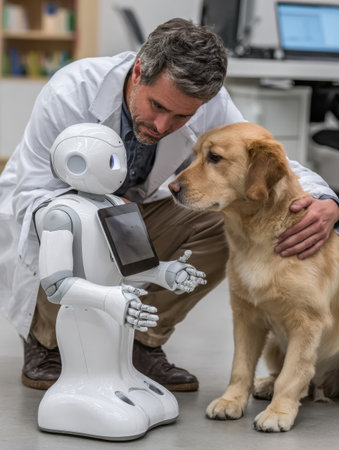 A scientist in a lab coat observes a robot interacting with a golden retriever in a high-tech lab.の素材