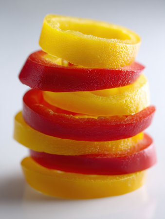 Vibrant slices of red and yellow bell peppers create a striking, colorful arrangement on a smooth surface.の素材