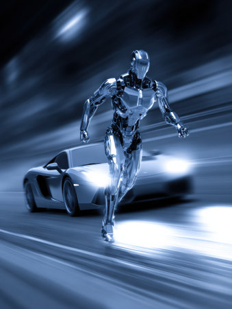 A futuristic robot dashes beside a sleek sports car, showcasing speed and technology in an urban nighttime scene.の素材