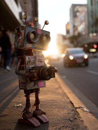 A colorful robot stands on the sidewalk, holding a camera, as cars pass by in the evening light.の素材