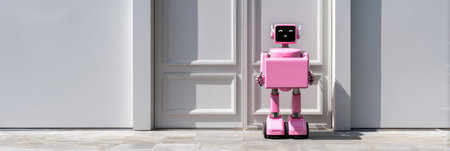 A cheerful pink robot holds a box while standing near a sleek, stylish door in a clean, modern environment.の素材