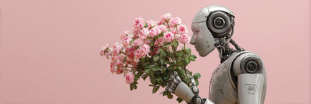 A robot holds a bouquet of pink roses, merging AI with the beauty of nature in daylight.の素材