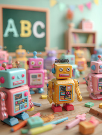 Retro toy robots engage in a bright classroom packed with colorful supplies and cheerful decor, fostering a lively vibe.の素材