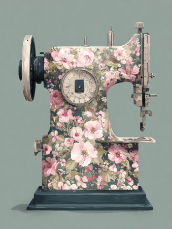 A floral-patterned sewing machine rests on a surface, highlighting its unique charm and vintage style.の素材
