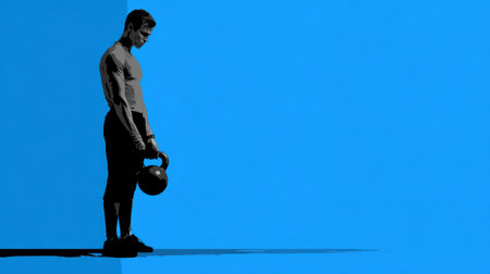 A fit man stands with a kettlebell, looking focused and ready for an exercise session in a vibrant gym setting.の素材