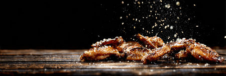 Cooked chicken wings piled high on a wooden surface, garnished with seasoning in a dimly lit setting.の素材