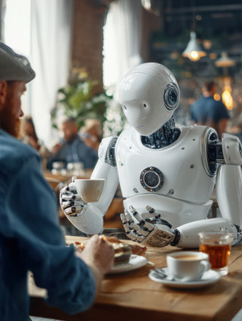 A white humanoid robot offers a cup of coffee to a man at a cafe. They both appear to be enjoying coffee and dessert.の素材