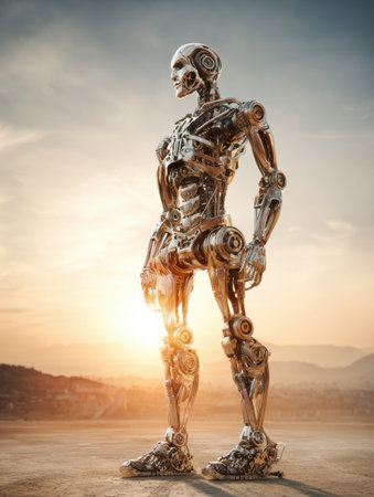 A tall metal robot looks at the sunset over the hills, embodying future tech and innovation.の素材