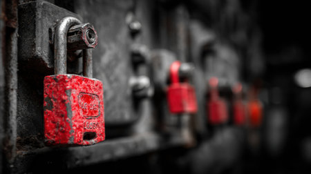 Rows of red padlocks on old gates hint at security and neglect, sparking curiosity in a dimly lit area.の素材