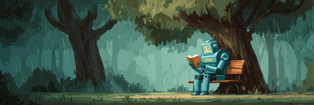 A robot sits on a bench, absorbed in a book, surrounded by tall trees in a tranquil forest scene with soft rain.の素材
