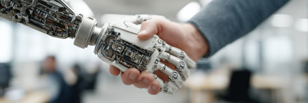 Robot hand meets human hand in an office, symbolizing cooperation between technology and humanity in the workplace.の素材