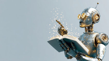 A robot reads an open book, surrounded by sparkling magic that highlights its innovative design.の素材