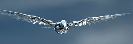 A metallic bird soars against a cloudy sky, showing its robotic design and reflecting light beautifully.の素材
