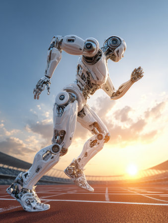 A sleek robot sprints on a track at sunset, creating a dramatic scene behind the stadium.の素材