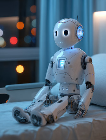A small robot doll sits quietly on a bed, glowing softly in a warmly lit room with colorful bokeh lights outside.の素材