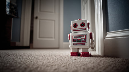 A colorful vintage toy robot is placed on the carpet by a door, creating a nostalgic and playful atmosphere in the room.の素材