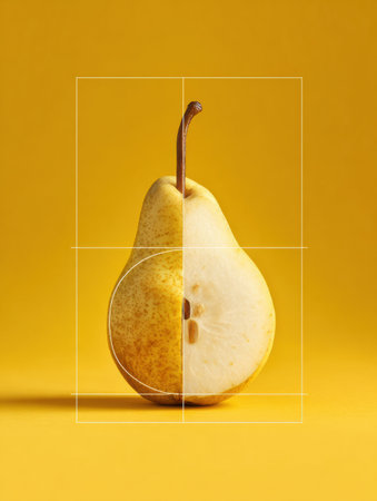 A halved pear reveals its inside on a bright yellow background, showing its vibrant color and smooth texture.の素材