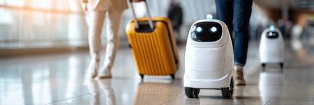 People move through the airport while robotic assistants carry luggage and offer support during travel activities.の素材