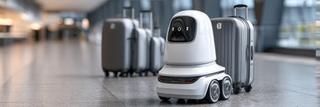A robot transports luggage smoothly through the airport, showing advanced technology for travelers.の素材