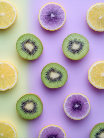 Lemon and kiwi slices rest on a soft pastel backdrop, creating a vibrant display of fresh fruit.の素材