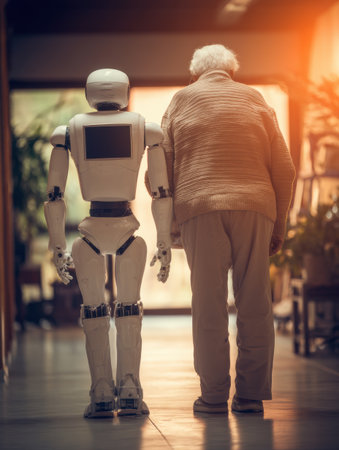 An elderly woman walks alongside a robot down a hallway. They appear to be companion and caregiver providing assistance.の素材