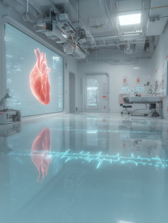 A high-tech lab displays a large heart projection with vital health data and advanced medical equipment.の素材