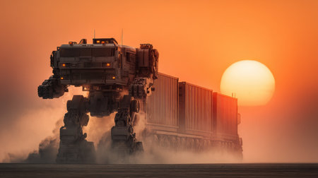 A giant robot carries containers down a dusty path as the sunset lights up the sky.の素材