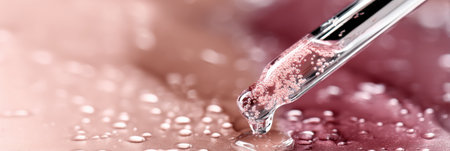 A dropper releases a clear liquid onto a smooth surface, creating glistening droplets and a gentle background blur.の素材