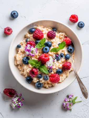 A bowl of oatmeal topped with fresh raspberries, blueberries, and mint makes a vibrant, healthy breakfast.の素材