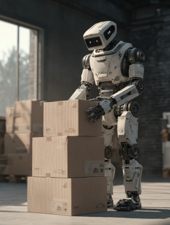 A robot is carefully arranging boxes in a well-lit warehouse space while sunlight streams through large windows.の素材