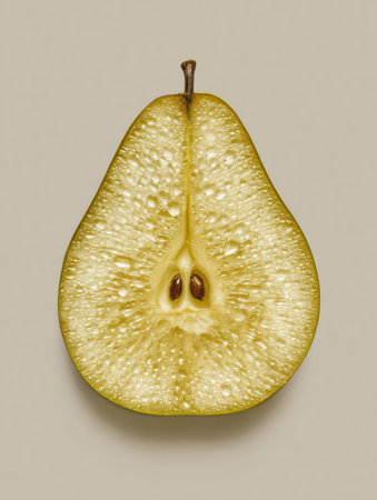 A halved ripe pear reveals its seeds and stem with juicy flesh. The cut pear sits against a neutral backdrop.の素材