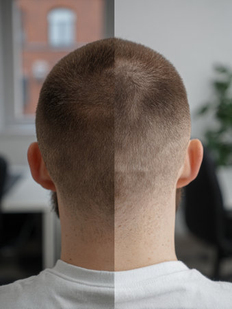 Man with a short faded haircut sits in an office, highlighting the hairs texture and style in a neutral setting.の素材