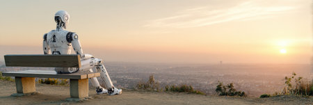 A robot sits on a bench, watching the sunset over the sprawling city below, reflecting on a serene evening.の素材