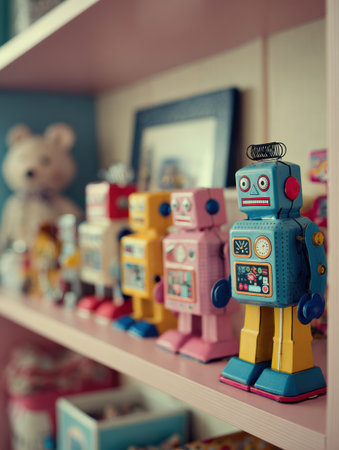 A row of vintage robot toys in bright colors sits on a shelf in a playful and inviting room, showcasing classic designs.の素材