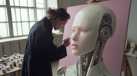 An artist adds details to a robots portrait in a bright, spacious studio, blending technology and art.の素材