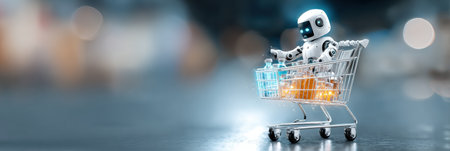 A small robot collects various bottles in a shopping cart, exploring the vibrant store environment.の素材