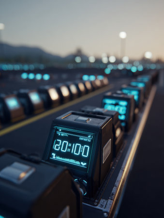 Digital timers are arranged along a track at twilight, highlighting the integration of technology in competitive events.の素材