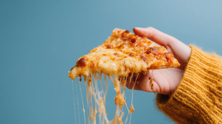 A hand holding a slice of cheesy pizza with melting cheese, set against a soft blue background.の素材