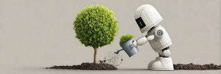 Tiny robot carefully waters a small tree with a metal can, reflecting a blend of technology and environmental care.の素材