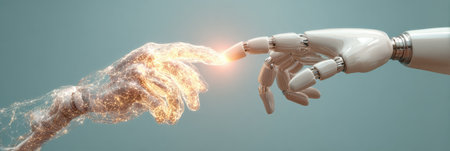 A human-like digital hand nearly touches a robot hand, representing technology, innovation, and the future.の素材