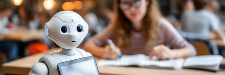 A robot interacts with a student while they study in a bright classroom.の素材