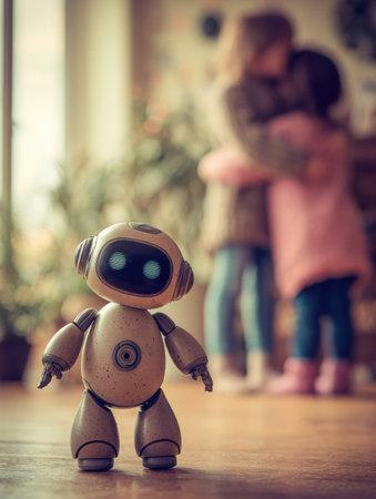 A small robot toy catches the eye of two kids sharing a warm hug in a serene, plant-filled room.の素材