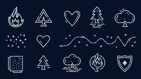 Collection of minimalist line icons illustrating fire, trees, hearts, and abstract shapes on a navy background.の素材